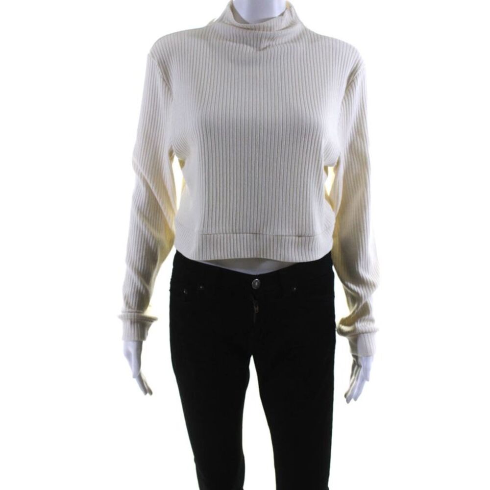 Samantha Eng Womens Knit Ribbed High Neck Long Sleeve Sweater Top White Size S